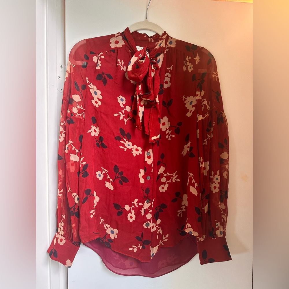 Dark red Kate Spade button up blouse with fun bow at the top